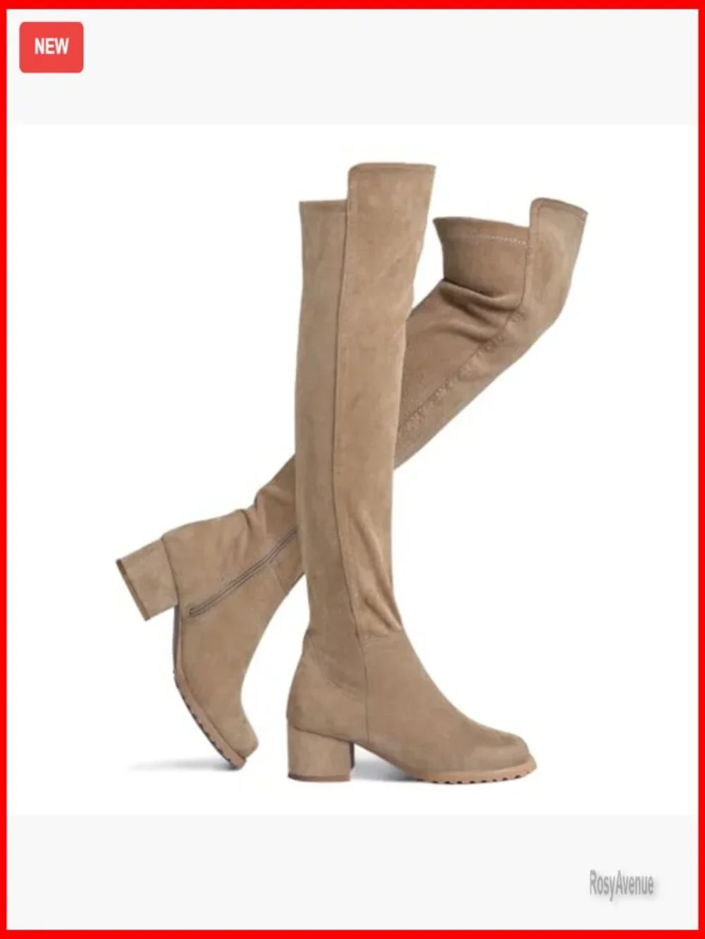Chunky Block Low Heel Over The Knee Boots Side Zip Faux Suede